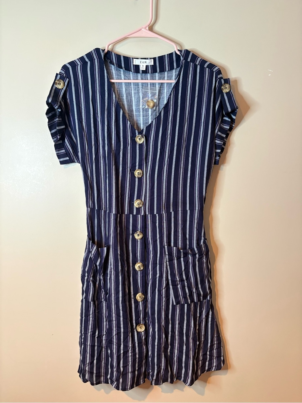 E & M Navy, White & Pink Stripe Short Sleeve Button Front Mini Dress NWOT